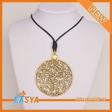 Gold Circle Pendant Necklace Leather Chain Jewelry
