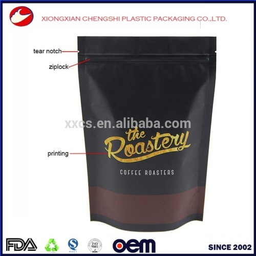 custom design printing matt black coffee bag with mini zip lock