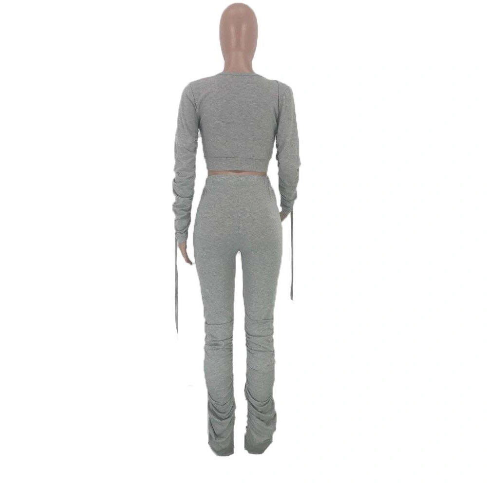 Sexy V Neck Grey Elastic Polyester Cotton Grey Women Sweat Ruched Stacked Pants