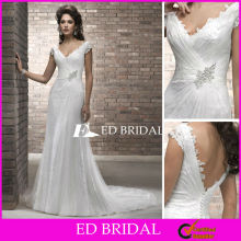V Neck Short Sleeve Modest Wedding Dress with Lace Appliques Beadings