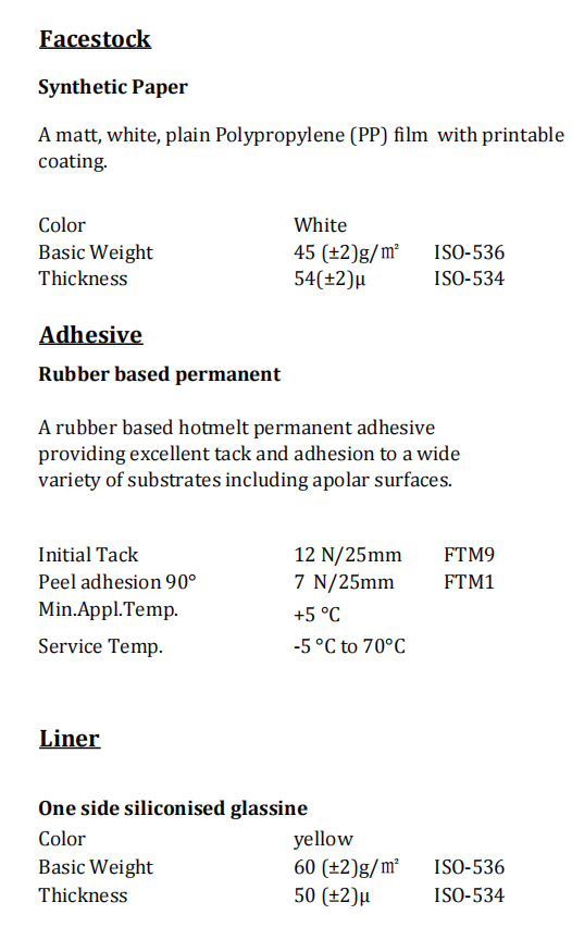 Synthetic Paper Rubber Based Permanent Yellow Glassine