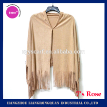 new fashion women fall winter plain shawl poncho polish faux suede shawl with fringe tassels cape wrap micro suede shawl poncho