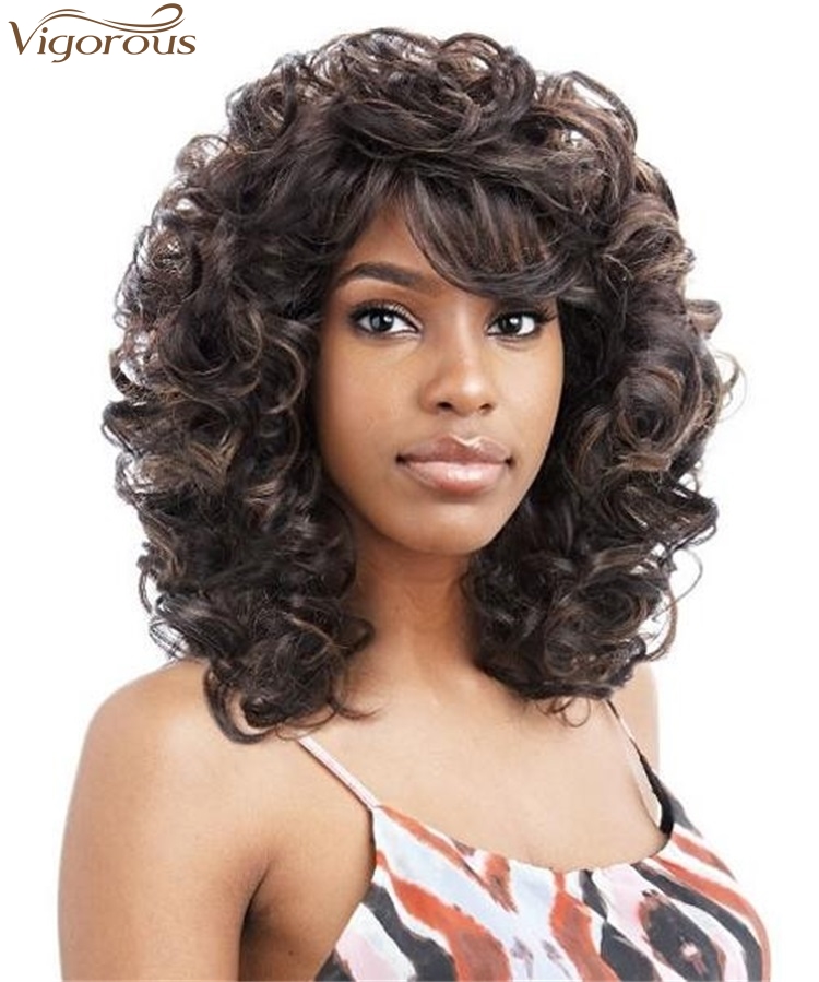 Vigorous Medium Long Curly Black Mixed Light Brown Synthetic Wigs With Bangs For Black Women Glueless Heat Resistant Hair Wigs