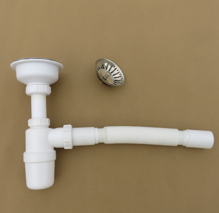 Umywalka łazienkowa zlewozmywak biały plastikowy ociekacz z sitkiem i przelewem, syfon do umywalki i pułapka na butelki