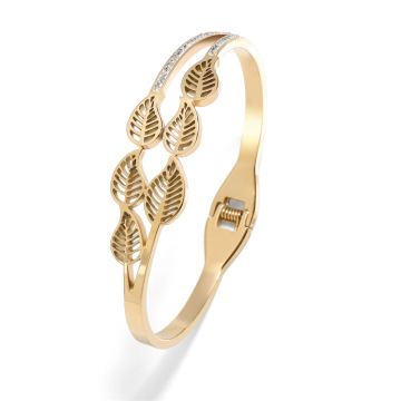 Stainless Steel Leaf Covered Gold Bangle with White Diamonds