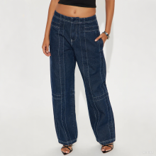 Women Casual Style Seaming Straight Leg Jeans Dark Wash