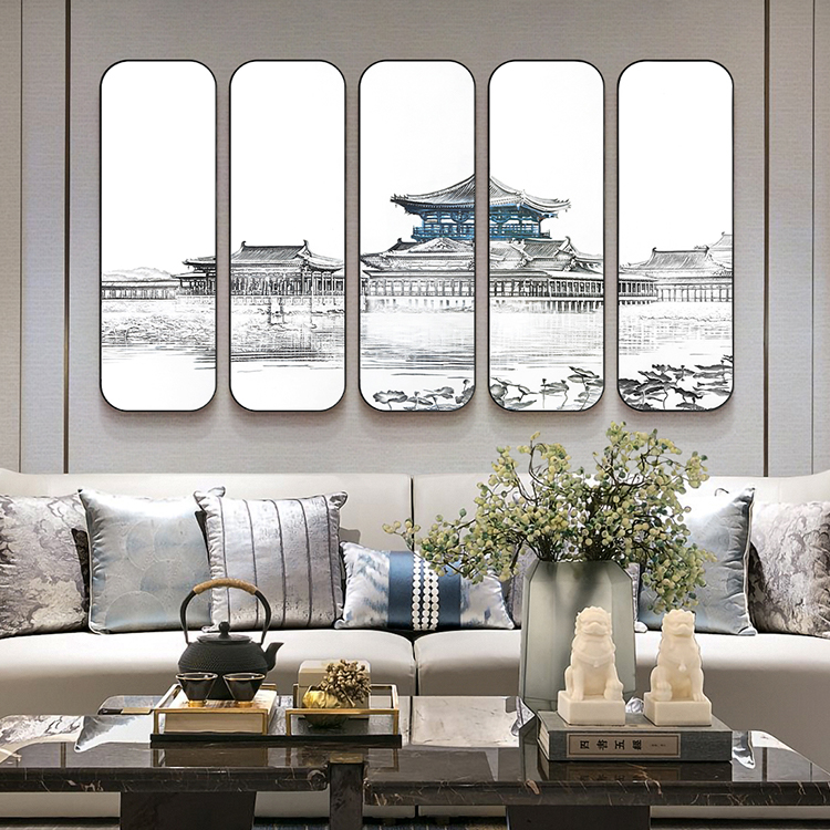 Artist original designed 100% Hand painted Framed Chinese traditional style 5 panel canvas wall art landscape painting