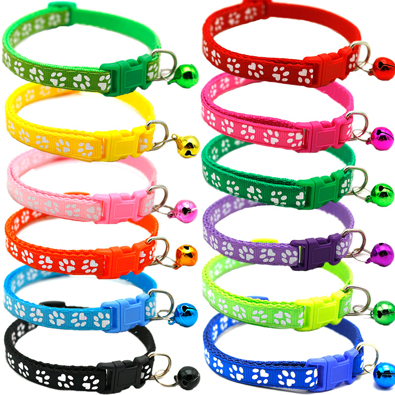 Manufacturer Wholesale Multi-colors Paw Print Adjustable Nylon Cat Dog Collar With Bell