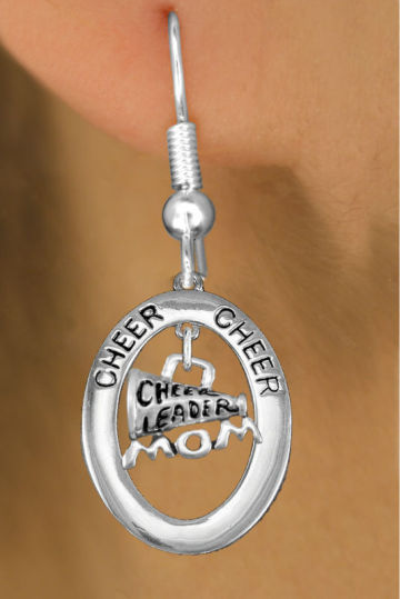 Antiqued Silver Tone "CHEER" Open Oval "Cheerleader Mom" Megaphone Charm Earring