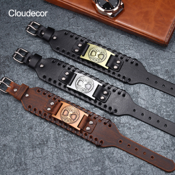 Vintage Viking Tree of Life Wrap Wicca Metal Genuine Leather Bracelet Amulet Adjustable Cuff Bracelet - Unique Men's Jewelry