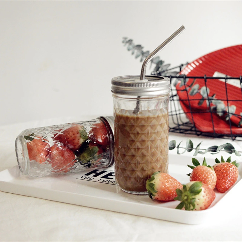 Diamond Shape Glass Mason Jar with Silver Gold Metal Lid for Jam Honey