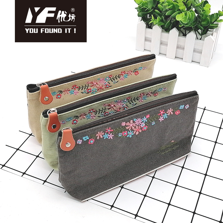Flower embroidery style canvas cosmetic bag