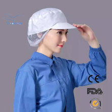 Snood Cap is a peaked cap with hairnet, elasticized edge for total hair cover.