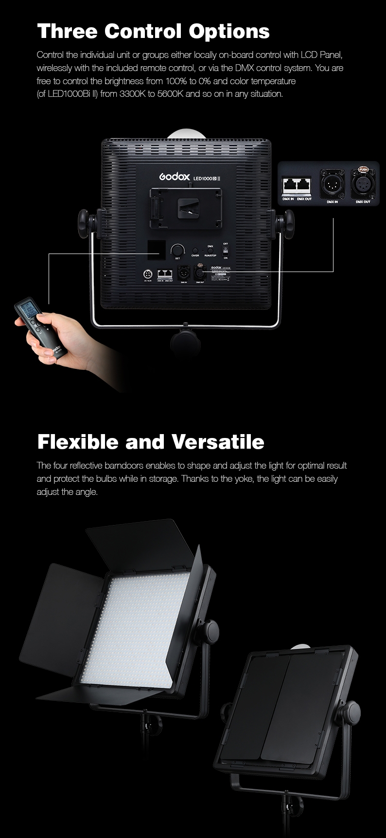 Godox LED1000BI II Bi-color LED1000D II Version LED Video Light DMX Port CRI 96 TLCI 98 with Remote Control LED Continuous Light