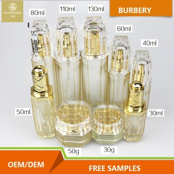 Golden Transparent Octagonal Glass Cosmetic Jars And Bottles