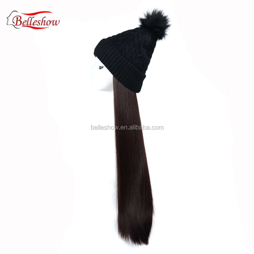 Hot sell long straight wig head Warm wool hat wig black woolen hat long straight hair Winter warm cap hair long straight hair