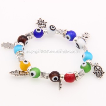 Colorful Evil Eye Beads Bracelet Silver Fatima Hand Charm Turkish Evil Eye Bracelet