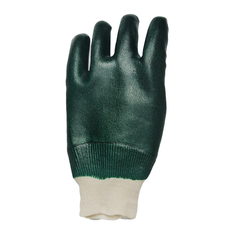 Guantes recubiertos de PVC verde Muñeca de punto de acabado arenoso