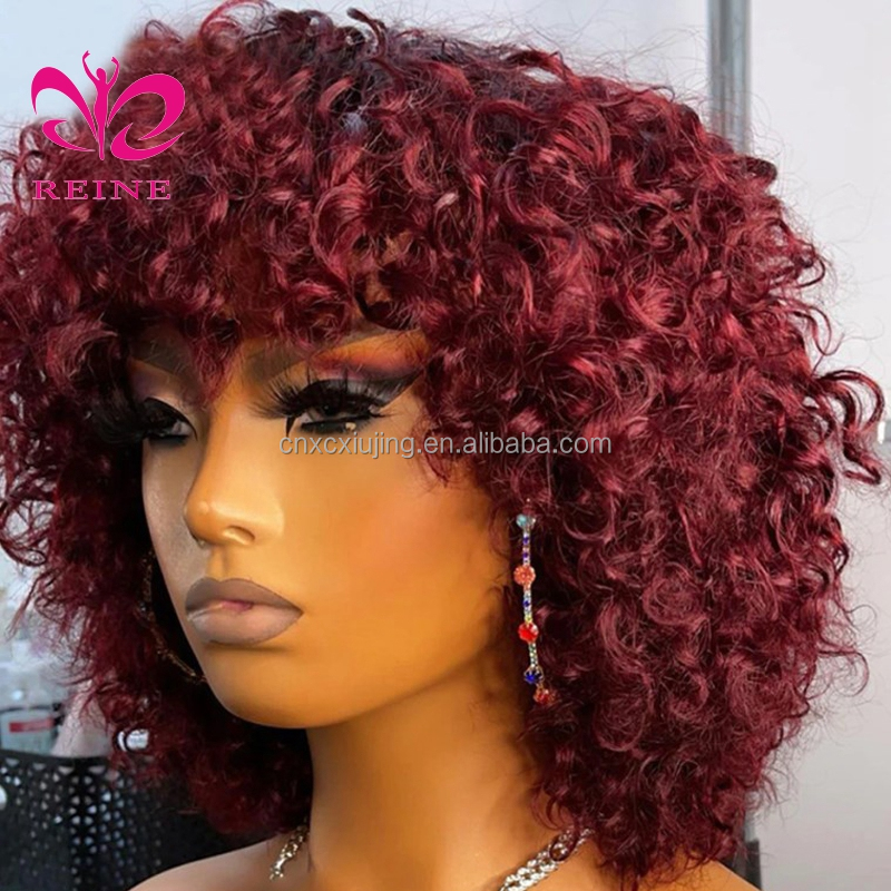 99J Short Bob Curly Wig for Women Burgundy Colored Bouncy Curly Human Hair Wigs with Bangs Full Machine Made Brazilian Remy Hair