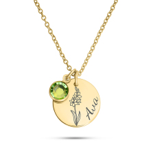 Custom Birth Flower Stainless Steel Pendant Necklace with Zircon Stones