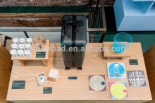 Travel suitcase wooden display counters unique display platform with tile finish