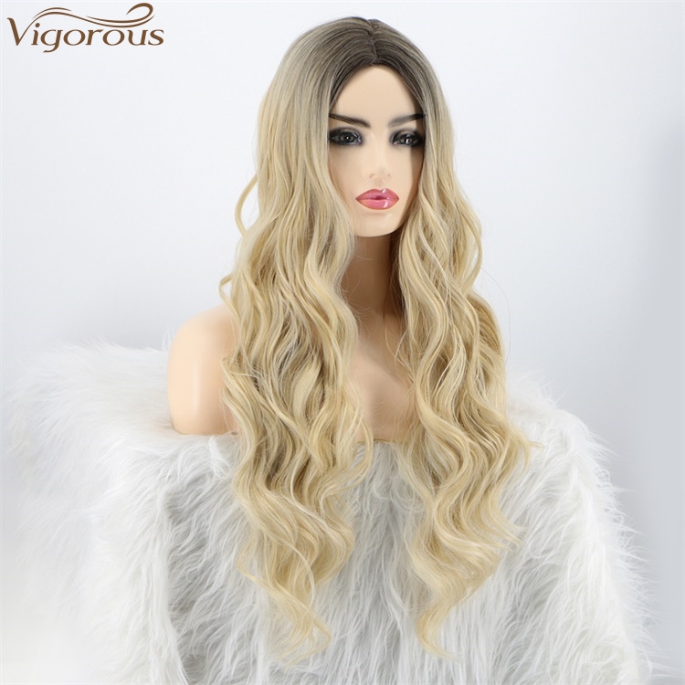 Vigorous Top Quality Long Ombre Blonde Body Wavy Wigs Middle Part Synthetic Fiber Wigs For Black Women Heat Resistant Wholesales