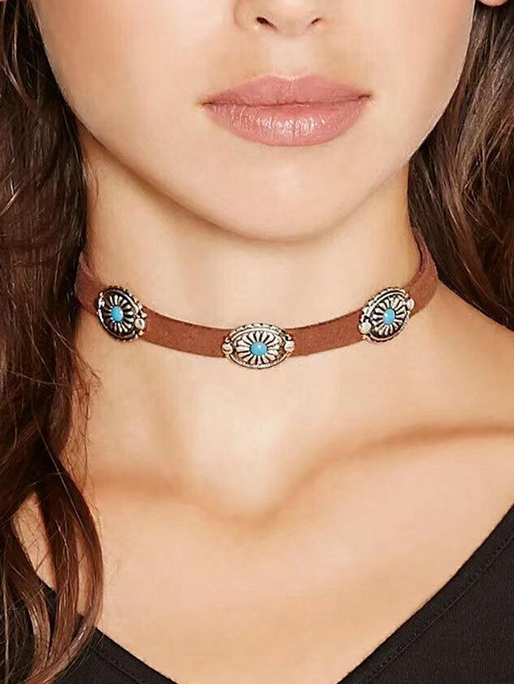 Tour de cou en cuir pour les femmes Collier de pierre précieuse turquoise pour fille