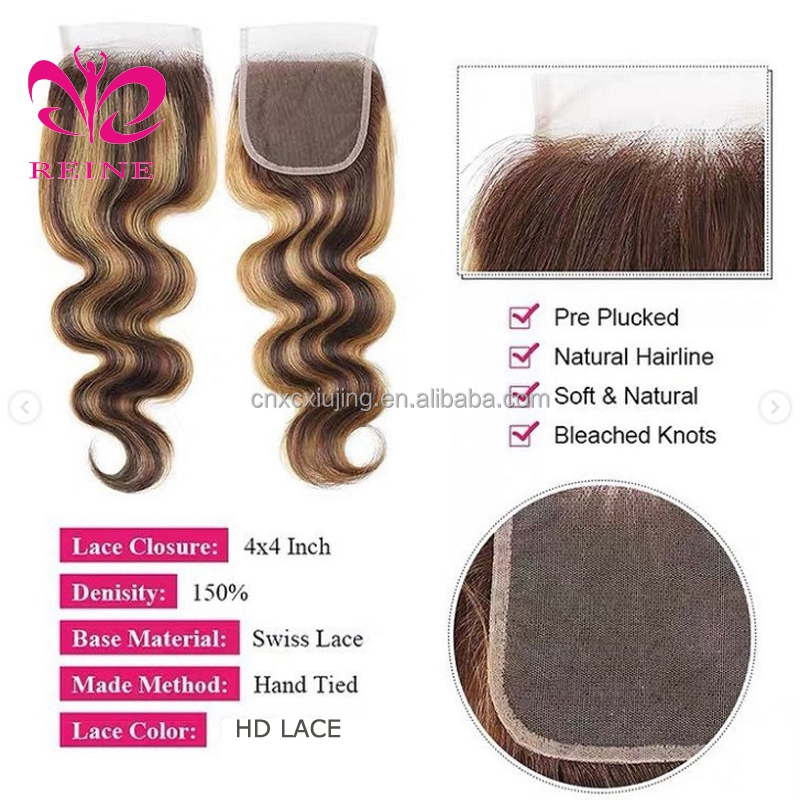 REINE Highlight Bundles With Closure Brazilian Body Wave Bundles With Closure Brown Remy Human Hair Bundles With Closure