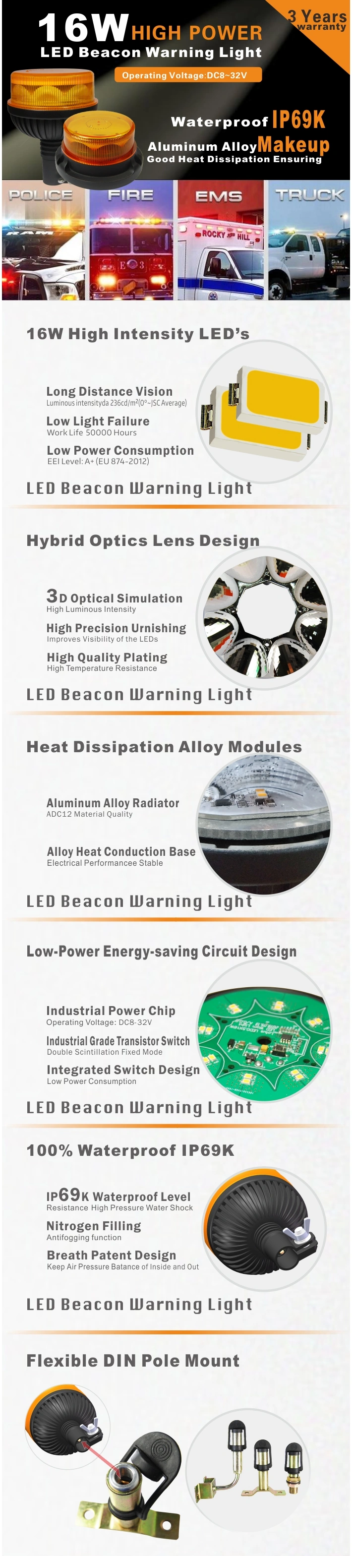 Light Beacon LED Warning Strobe Flash Light Beacon Lamp