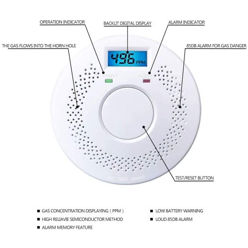 Combinación de detector de humo y monóxido de carbono con advertencia sonora y pantalla numérica Funciona con pilas