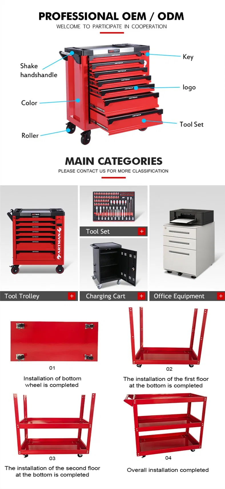 Instrument Storage Cabinets with Drawers Metal Cheap Black Tool Trolley Tool Box Cart