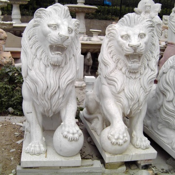 Chinese white marble a pair of animal stone lions statue with ball for outdoor