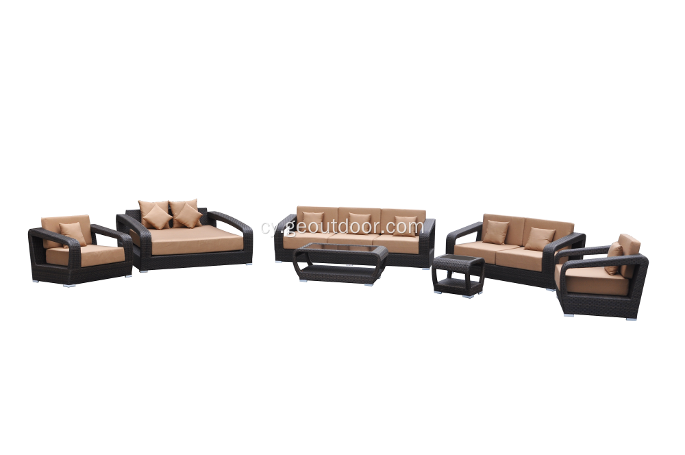 Soffa lliw melyn rattan sylfaen alwminiwm 6pcs