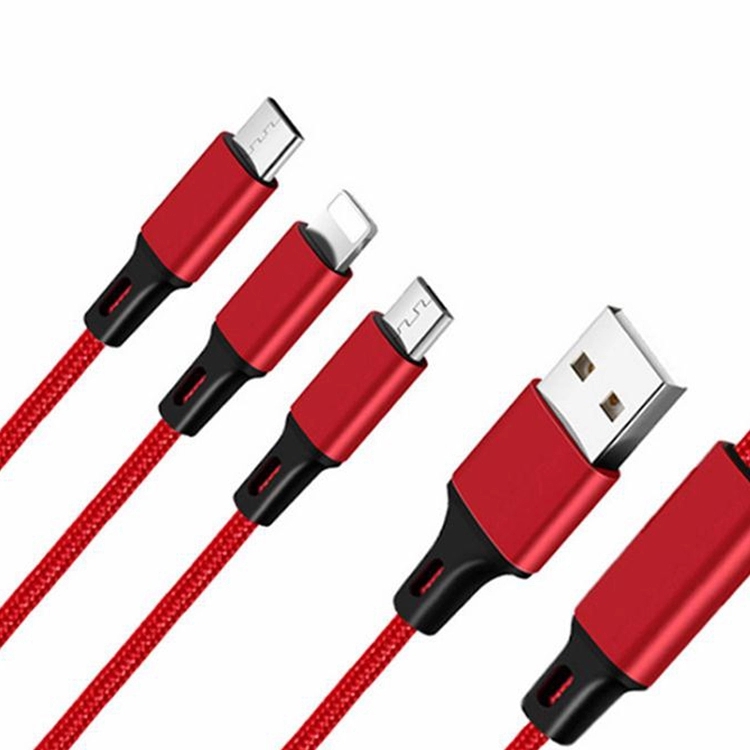 Yijiashishang Nylon braided 3-in-1 charging cable with iOS 8PIN, Micro USB and Type-C interface 2.A Aluminum Alloy connectors