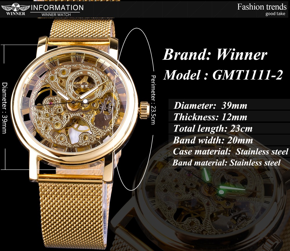 Top Brand Winner Thin Case Full Golden Watch Openwork Clock Mesh Band Men's Mechanical Watches Luminous Hands Relogio Masculino