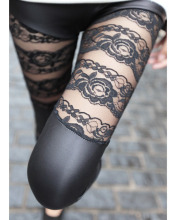 Female Flower Lace Spliced Faux Leather Leggings 9015