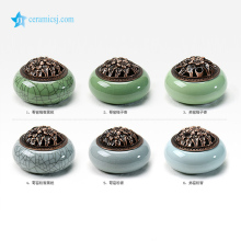 RZIE02 Ancient Kiln Metal Lid Crackle Glazed Small Round Ceramic Censer