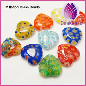 Bead,millefiori glass16x16x4mm flat heart