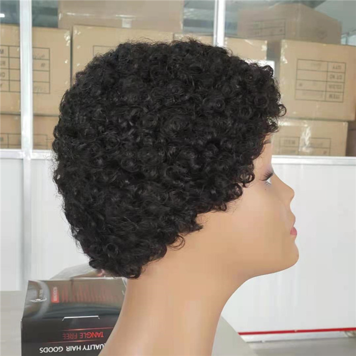 Short Pixie Cut Kinky Afro Curly In Stock  Machine Made None Lace Real Human Hair Wigs