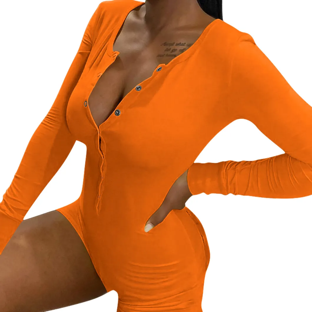 Hot Sell in Stock Solid Color Buckle Long Sleeve Women Rompers Short Loungewear Pajamas Jumpsuit