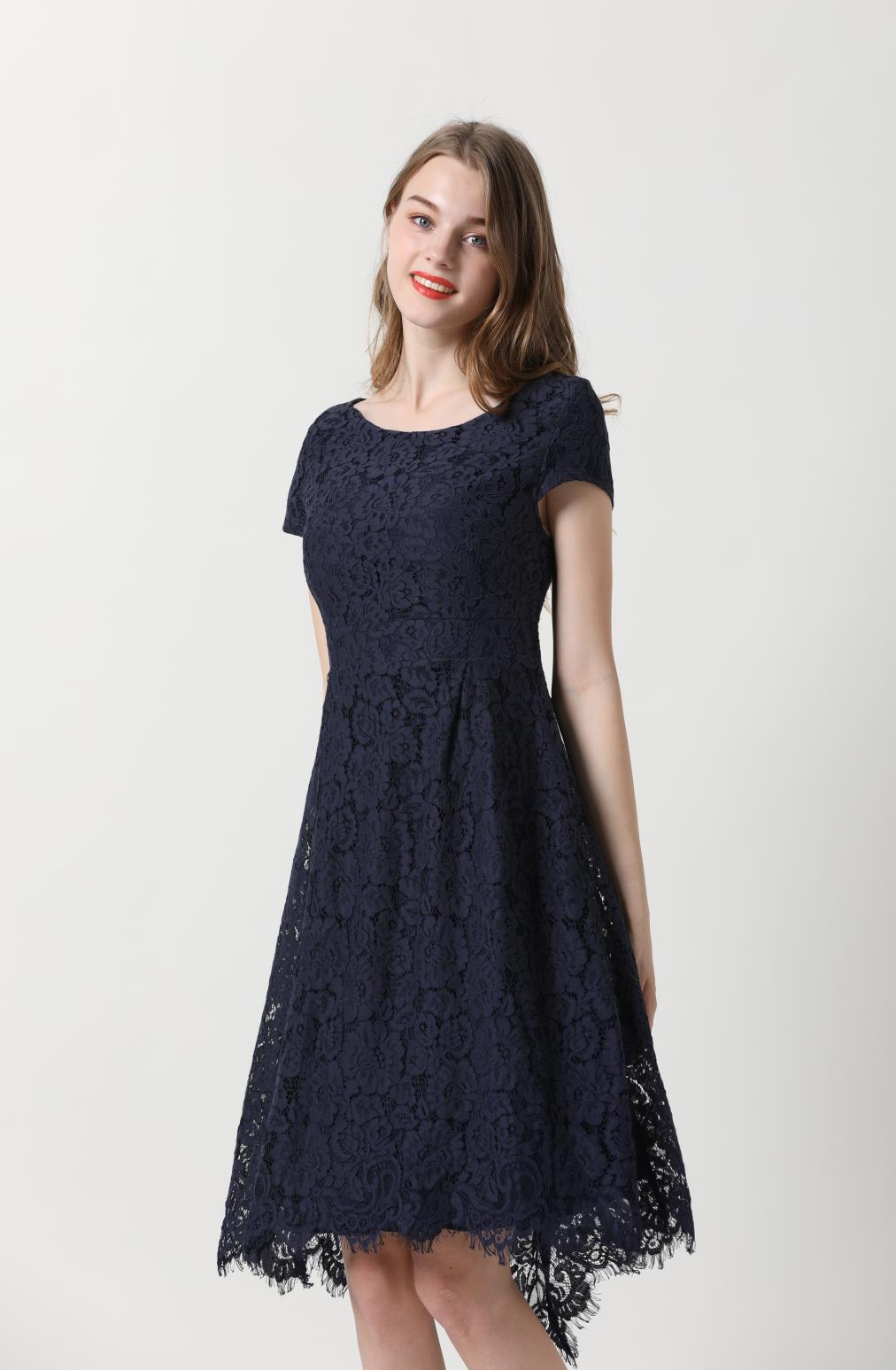 High Quality Women Floral Lace O-Neck Bridesmaid Dresses with Cap-Sleeve Formal Navy Party Dress Ladies Cocktail Dresses