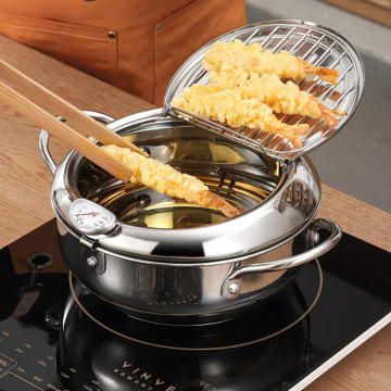 Japanese Deep Frying Pot With A Thermometer And A Lid 304 Stainless Steel Kitchen Tempura Fryer Pan 20/24cm KC0405^*