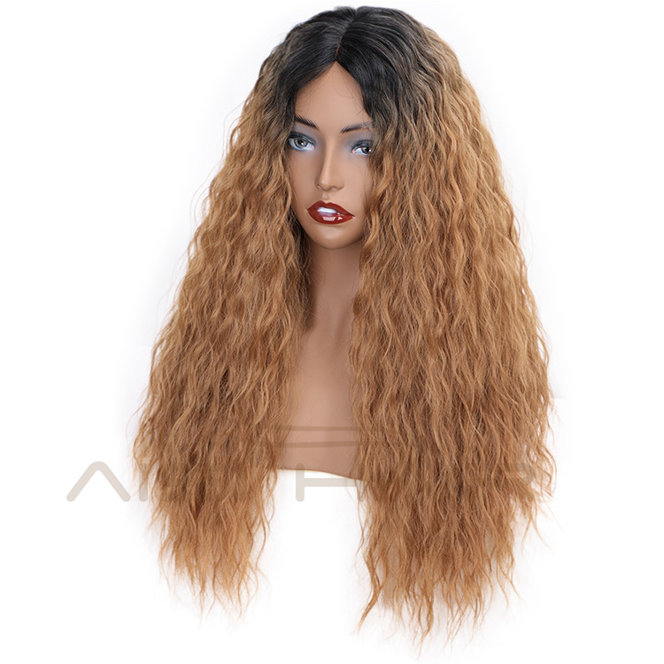 Aisi Hair Heat Resistant Synthetic Fiber Long Wavy Lace Part Wigs Ombre Brown Long Wave Wigs for American African Women