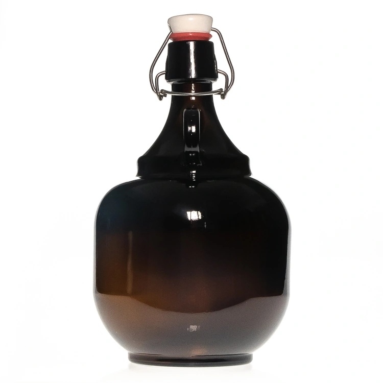 Brown Glass Bottle with Handle and Clasp, 2-Liter Beer Bottle and Enzyme Bottle