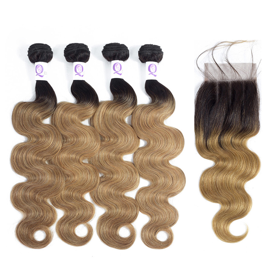 China Suppliers Mink Brazilian Virgin Hairs Three Part 1B 27 Ombre Hair Extensions With Closure