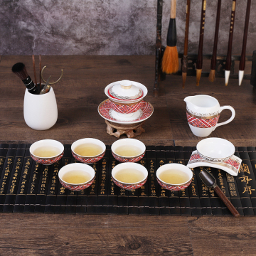 Chinese Style Zhuang Brocade Kung Fu Tea Set with Cover Bowl and Teacups