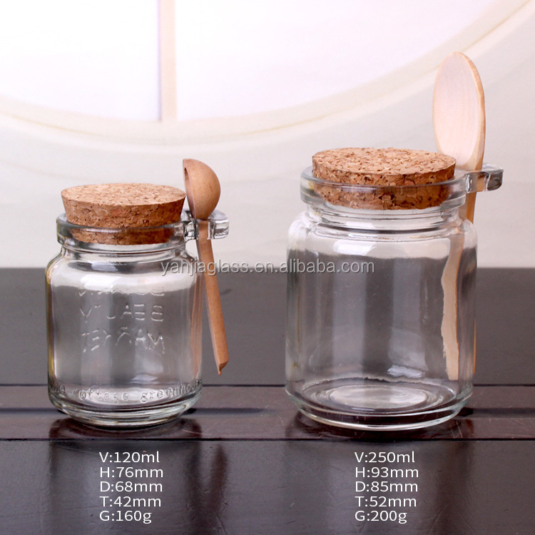 120ml 250ml round transparent jelly jam ice cream spice glass jar with wood spoon and cork