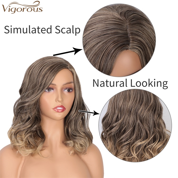 Vigorous 14 Inches Short Wavy Synthetic Side Part Wig Heat Resistant Fiber Cosplay Wig For Women Gray Mixed Blonde Color