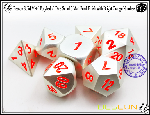 Bescon Solid Metal Polyhedral Dice Set of 7 Matt Pearl Finish with Bright Orange Numbers-7 Bescon Solid Metal Polyhedral Dice Set of 7 Matt Pearl Finish with Bright Orange Numbers-7