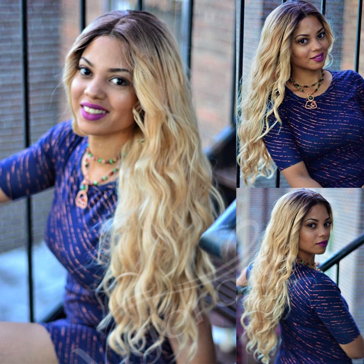 Vigorous Ombre Blonde Lace Front 26 Inch Long Wavy Blonde for Women Curly Blonde Hair Full Wig Synthetic
